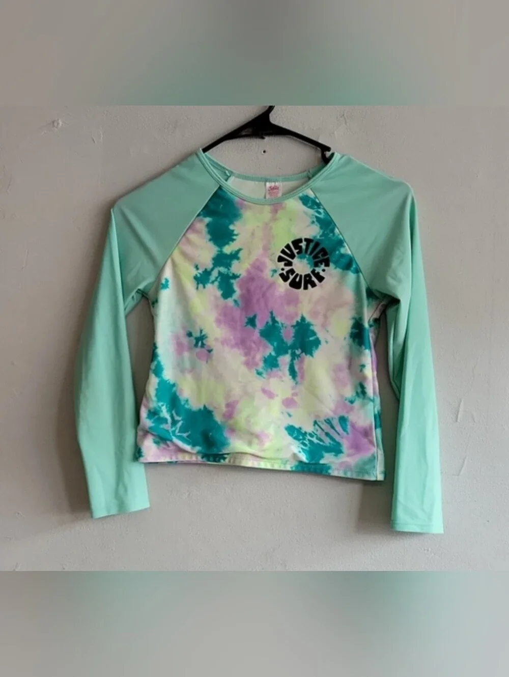 Girl's large 12/14 Justice swim shirt long sleeve teal tie dye